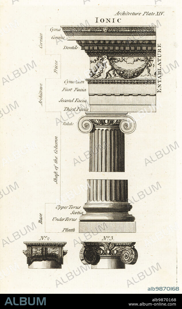 Ionic order from the Temple of Fortuna Virilis, Rome. Entablature with decorated cornice, architrave, volute, column and base. Capital ornamented with leaves, fillets 2, and volute with flowers and Echinus (eggs and darts) 3. Copperplate engraving from Francis Fitzgeralds The Artists Repository and Drawing Magazine, Charles Taylor, London, 1785.