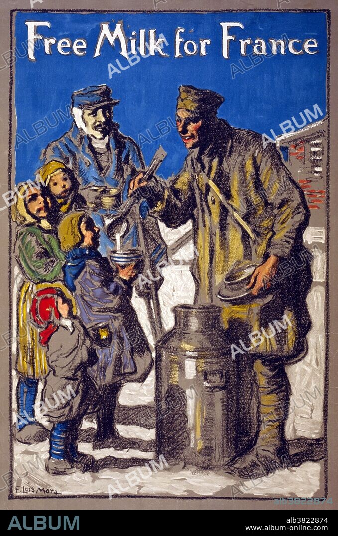 Entitled: "Free milk for France." Poster showing a soldier ladling out milk for children. The Germans kept detailed records of the goods available in the occupied areas, especially when it came to food and livestock. It was often forbidden to slaughter livestock or do simple tasks such as make butter without permission, ensuring that the German occupiers would have adequate supplies. French civilians were often forced to feed and care for German soldiers billeted in their homes. Requisition of supplies and food left the French civilians in dire straits. As the German occupying forces did little to help the starving civilians, aid from neutral countries like the United States was the only source of food for many people. Artist Francis Luis Mora, 1918.