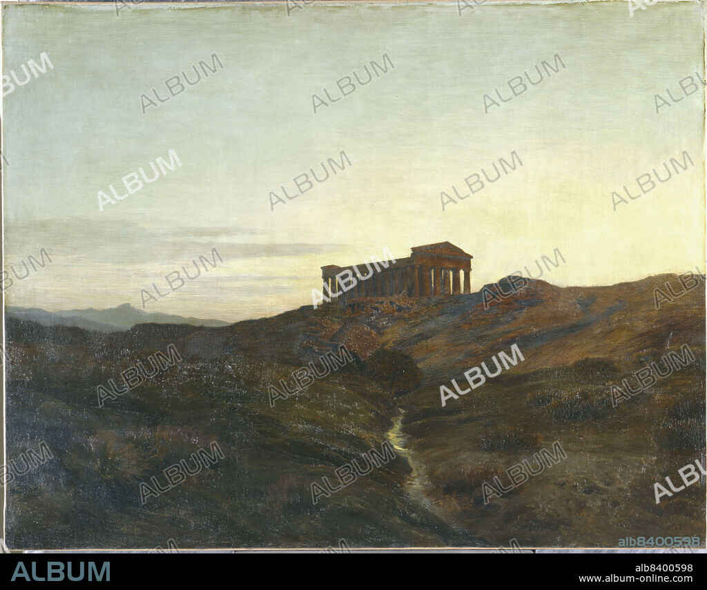 EMILE-RENE MENARD. Terre antique, le temple, 1901. The Temple of Concordia at the ancient site of Agrigento on the west coast of Sicily. The temple, dominating a rocky landscape, is bathed in evening light.