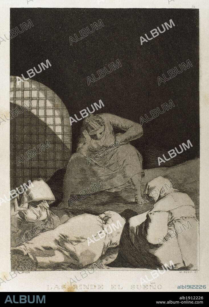 ARTE S. XVIII. ESPAÑA. GOYA, Francisco (Fuendetodos, 1746-Burdeos, 1828). Pintor y grabador español. "LAS RINDE EL SUEÑO". Aguafuerte que perteneece a la colección de 84 grabados titulada "CAPRICHOS" de temática satírico-fantasmagórica, editados en el año 1799. Reproducción de M. Seguí i Riera.