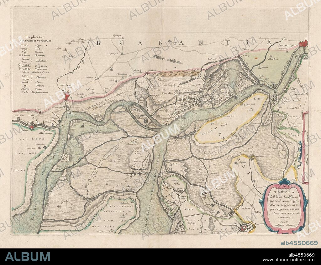 Map of the surroundings of Zandvliet, Tabvla Castelli ad Sandflitam, in terms of simul inundati agri, alluviones, foßæ, alvei, quae Bergas ad Zomam and Antverpiam interjacent, annotantur (title on object), the North on the left, the borders colored, cities, buildings and flags indicated, the roads sometimes populated. Top left explanation of the symbols on the map, center right scale in country miles. Verso: two pages of text, maps of separate countries or regions, Zandvliet, Antwerp, Bergen op Zoom, Willem Janszoon Blaeu, Amsterdam, 1642, paper, watercolor (paint), engraving, h 38.5 cm × w 50.5 cm.