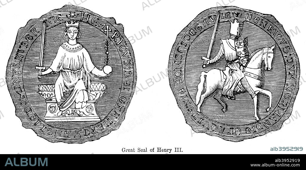 Great seal of King Henry III (1207-1272). Henry III ruled England for fifty-six years from 1216 to his death. Medieval English monarchs did not use numbers after their names, and his contemporaries knew him as Henry of Winchester. He was the first child king in England since the Norman Conquest. Despite his long reign, his personal accomplishments were slim and he was a political and military failure. England, however, prospered during his century and his greatest monument is Westminster, which he made the seat of his government, and where he expanded the abbey as a shrine to Edward the Confessor. From Cassell's Illustrated History of England.