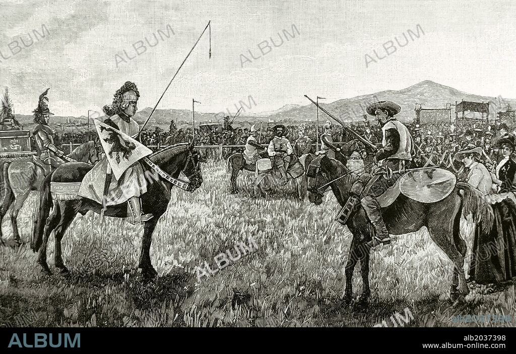 "EL INGENIOSO HIDALGO DON QUIJOTE DE LA MANCHA". Obra de Miguel de CERVANTES SAAVEDRA (1547-1616). Grabado que escenifica la fiesta de la "Cervara" en Roma. Artistas españoles parodiando el encuentro de Don Quijote con el Caballero de los Espejos. Dibujo del natural, por Hermenegildo Estevan. Grabado por Capuz. "La Ilustración Española y Americana", 1890.