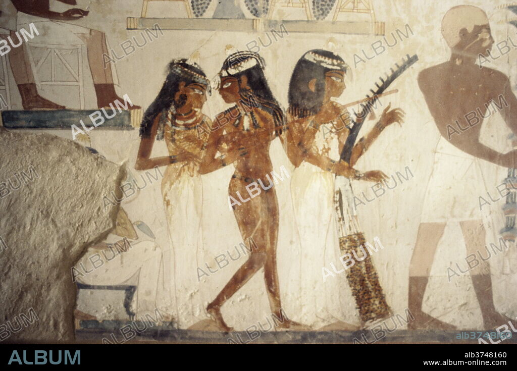 Wall paintings of female musicians in the tomb of Nakht, Minister of Agriculture in the reign of Tutmosis IV, Valley of the Nobles, Thebes, UNESCO World Heritage Site, Egypt, North Africa, Africa.