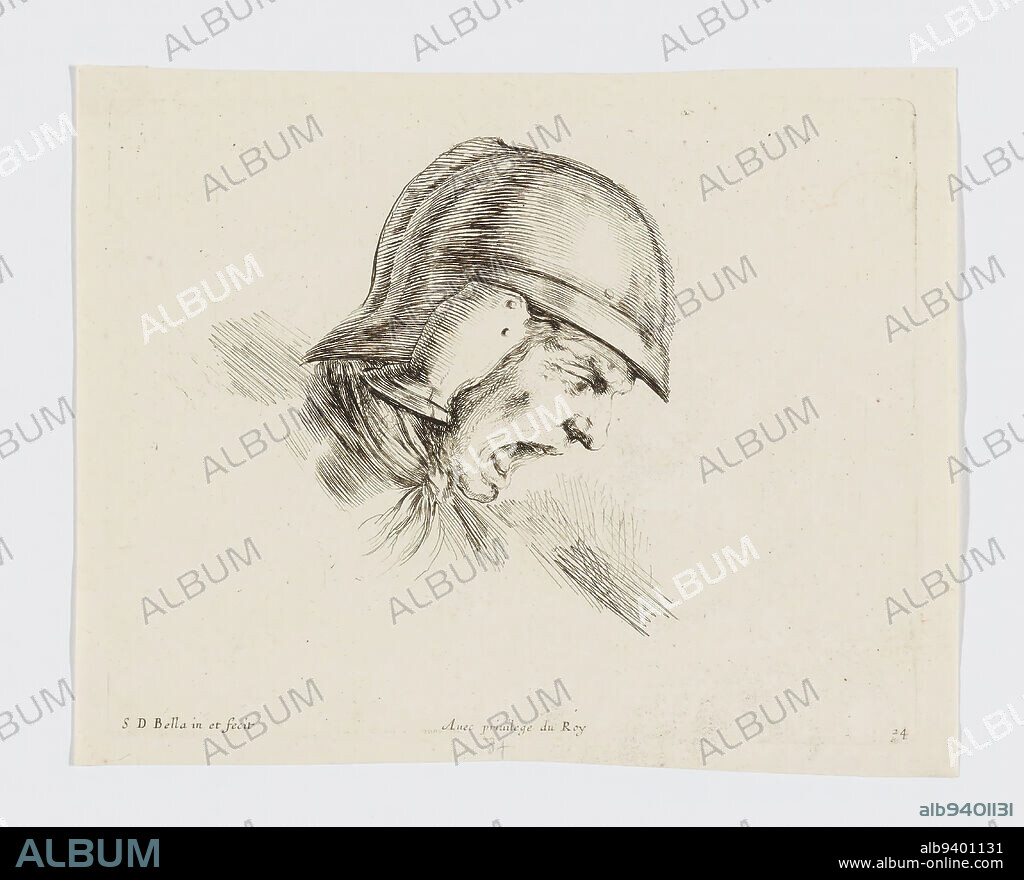 Head of a frightened soldier wearing a helmet, crying out, in profile and looking down, plate 24 from 'I principii del disegno' (The Principles of Design), c. 1641, Stefano della Bella; Publisher: Pierre Mariette I, Italian (Florence), Italian (Florence), 16101664, 4 3/4 × 6 in. (12.07 × 15.24 cm) (plate)5 5/16 × 6 9/16 in. (13.49 × 16.67 cm) (sheet), Etching, France, 17th century, The accomplished Florentine etcher and draftsman Stefano della Bella produced this drawing manual in France, where he spent over a decade of his career. The book, now disassembled, comprised 25 etchings and was published by della Bellas principal French publisher Pierre Mariette.