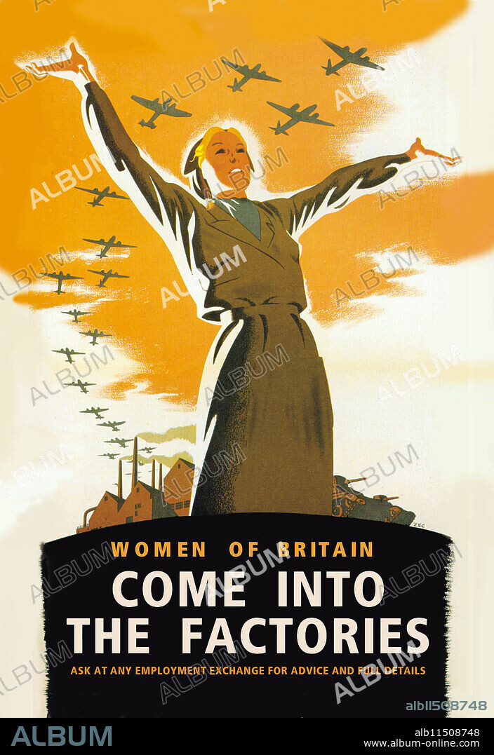 Female empowerment was the focus of this Philip Zec (1909-1983) poster encouraging women into war industry for the good of the nation.  A Jewish socialist, Zec’s work has been compared to early Soviet propaganda putting a grand and heroic face on manual labor. Posters like this aimed to show a direct link between civilian workers at home and the fighting men on front, here symbolized by the line of fighter planes ‘leaving’ the factory.