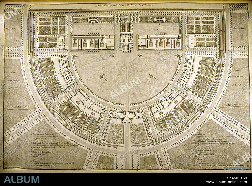 Plan general de la saline de Chaux (1773-1779), realise par l'architecte Claude Nicolas LEDOUX (1736-1806) (18e, 18eme, XVIIIe s.). Credit : JEAN VIGNE / KHARBINE-TAPABOR.