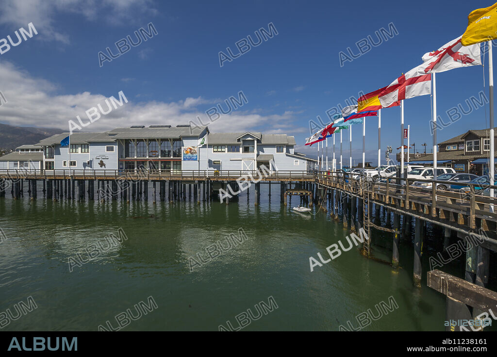 View of flags on Stearns Wharf, Santa Barbara, Santa Barbara County, California, United States of America, North America.