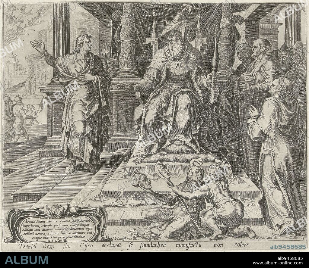 King Cyrus accuses Daniel of not honoring the deity Bel. He asks his priests to prove that Bel does indeed eat the food placed before him every night. In front of the throne, two jesters play on the floor. On the right are the priests, on the left is Daniel pointing to the temple of Bel. Daniel refuses to honor the deity Bel History of Daniel, Bel and the Dragon , print maker: Philips Galle, Maarten van Heemskerck, (mentioned on object), publisher: Joannes Galle, (mentioned on object), print maker: Haarlem, publisher: Antwerp, 1633 - 1678, paper, engraving, h 200 mm × w 249 mm.