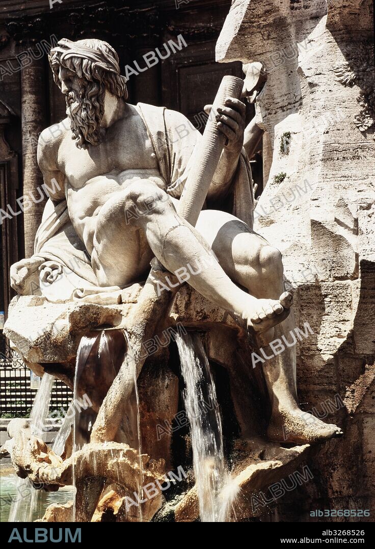 GIAN LORENZO BERNINI. Detalle de la base de la Fuente de los Cuatro Ríos: El Nilo II. Plaza Navona, Roma.