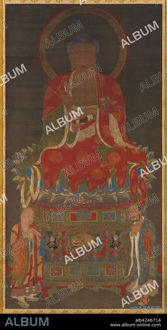 Shakyamuni Triad: Buddha Attended by Manjushri and Samantabhadra, 1300s. China, Yuan (1271-1368) or early Ming dynasty (1368-1644). Hanging scroll, ink, color and gold on silk; overall: 293.5 x 136 cm (115 9/16 x 53 9/16 in.); painting only: 218.4 x 112.8 cm (86 x 44 7/16 in.); with knobs: 293.5 x 144.2 cm (115 9/16 x 56 3/4 in.).