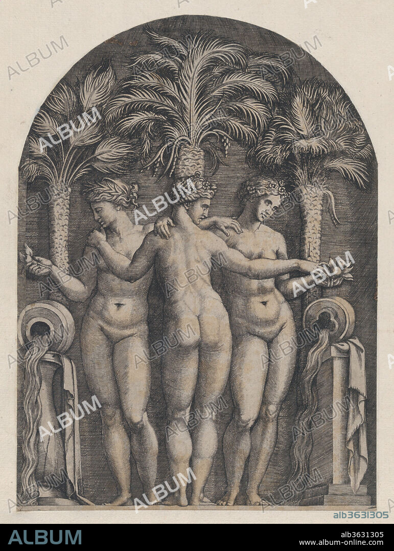 Speculum Romanae Magnificentiae: The Three Graces. Artist: Marcantonio Raimondi (Italian, Argini (?) ca. 1480-before 1534 Bologna (?)); After Raphael (Raffaello Sanzio or Santi) (Italian, Urbino 1483-1520 Rome). Dimensions: mount: 16 7/16 x 11 7/8 in. (41.8 x 30.2 cm)
sheet: 11 5/8 x 8 in. (29.6 x 20.3 cm). Series/Portfolio: Speculum Romanae Magnificentiae. Date: ca. 1500-1534.
This print comes from the museum's copy of the Speculum Romanae Magnificentiae (The Mirror of Roman Magnificence) The Speculum found its origin in the publishing endeavors of Antonio Salamanca and Antonio Lafreri. During their Roman publishing careers, the two foreign publishers - who worked together between 1553 and 1563 - initiated the production of prints recording art works, architecture and city views related to Antique and Modern Rome. The prints could be bought individually by tourists and collectors, but were also purchased in larger groups which were often bound together in an album. In 1573, Lafreri commissioned a title page for this purpose, which is where the title 'Speculum Romanae Magnificentiae' first appears. Lafreri envisioned an ideal arrangement of the prints in 7 different categories, but during his lifetime, never appears to have offered one standard, bound set of prints. Instead, clients composed their own selection from the corpus to be bound, or collected a group of prints over time. When Lafreri died, two-third of the existing copper plates went to the Duchetti family (Claudio and Stefano), while another third was distributed among several publishers. The Duchetti appear to have standardized production, offering a more or less uniform version of the Speculum to their clients. The popularity of the prints also inspired other publishers in Rome to make copies however, and to add new prints to the corpus. 
The museum's copy of the Speculum entered the collection as a group of 3 albums with inlaid engravings and etchings. The prints have since been removed, but the original place of each print within the album is contained in the accession number: 41.72(volume.place).
Originally volume 2, plate 72 in the scrapbook.