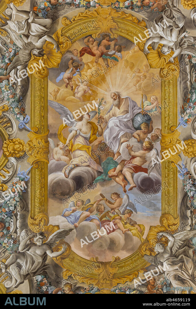 Todi, the Church of Nunziatina: the decoration of the ceiling that recalls the great Roman churches of the Baroque period, with angels, flowers and fruit among which eight medallions stand out, surrounding the main fresco, depicting episodes from the life of the Virgin.