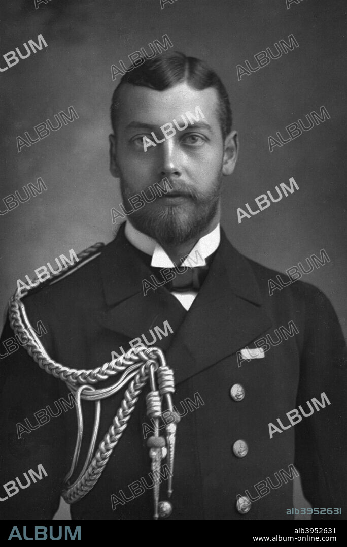 Prince George, the Prince of Wales and future King George V (1865-1936), 1890. George V was king of Great Britain from 1910 to 1936. In 1924 he appointed Ramsay MacDonald, Britain's first Labour Prime Minister, and in 1932 he introduced the idea of broadcasting a Christmas message to the people. He died of influenza on 20 January 1936 and was succeeded by his eldest son, Edward. From The Cabinet Portrait Gallery, first series, Cassell and Company Limited (London, Paris and Melbourne, 1890).