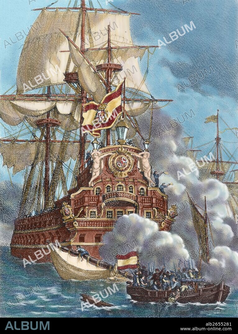 HISTORIA DE ESPAÑA. REINADO DE FELIPE IV. COFRADIA DE LOS HERMANOS DE LA COSTA. Organización formada por bucaneros, filibusteros y toda clase de piratas que duró entre los años 1620 y 1700. Operó en el Océano Atlántico, Mar Caribe y el Golfo de México, teniendo su sede en la Isla de la Tortuga. Los españoles eran sus principales enemigos. "LOS HERMANOS DE LA COSTA ATACANDO Y APODERANDOSE DE TRES GALEONES ESPAÑOLES". Grabado coloreado de "Historia de España", del siglo XIX.