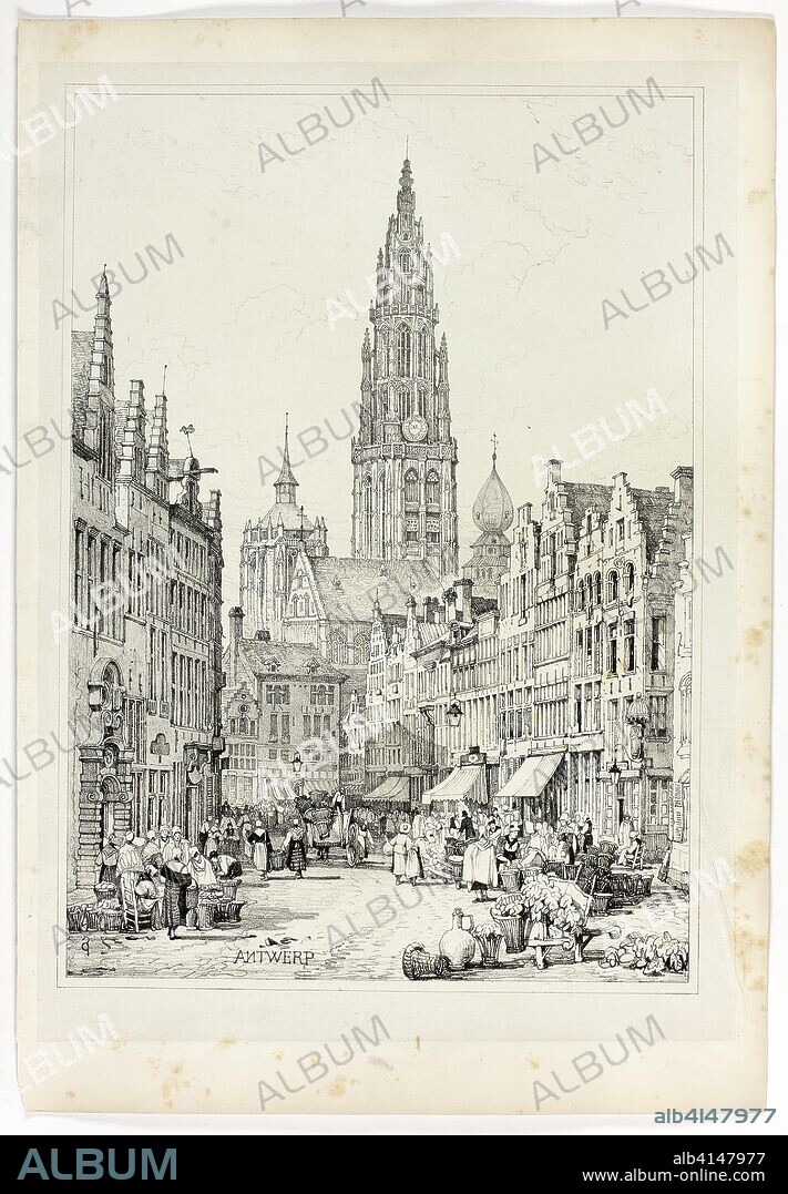 Antwerp. Samuel Prout (English, 1783-1852); probably printed by Charles Joseph Hullmandel (English, 1789-1850); probably published by Rudolph Ackermann (English, 1764-1834). Date: 1833. Dimensions: 290 × 425 mm (image); 310 × 445 mm (primary support); 345 × 500 mm (secondary support). Lithograph in black on grayish-ivory chine, laid down on ivory wove paper. Origin: England.