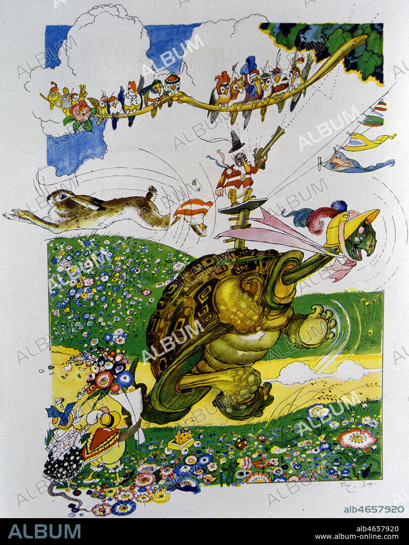 Le lievre et la tortue. Fable de LA FONTAINE (1621-1695) illustree par Felix LORIOUX (1872-1964). (ADAGP). Credit : Coll. Perrin/KHARBINE-TAPABOR.