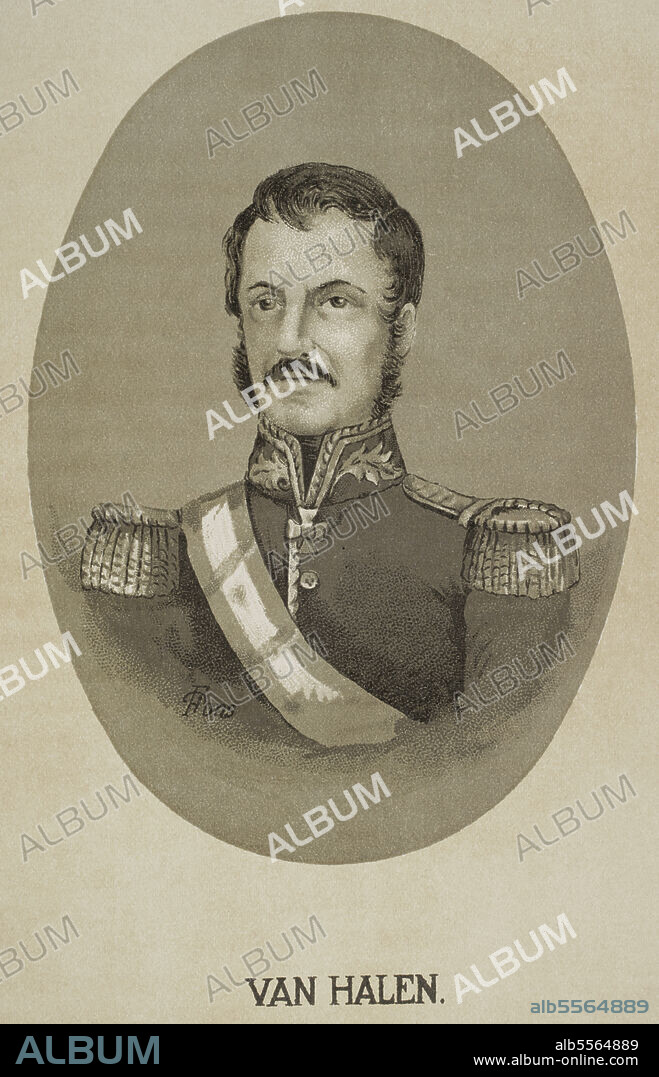 Antonio Van Halen y Sarti (1792-1858). Marino y militar español. Participó en las guerras de la Independencia Española e Hispanoamericana y en la Primera Guerra Carlista. Siendo Capitán General de Cataluña durante la Regencia de Espartero, en noviembre de 1842 ordenó bombardear la ciudad de Barcelona. Retrato. Historia de la Revolución Española (desde la Guerra de la Independencia a la Restauración en Sagunto), por Vicente Blasco Ibáñez. Tomo II. Publicado en Barcelona, 1891.