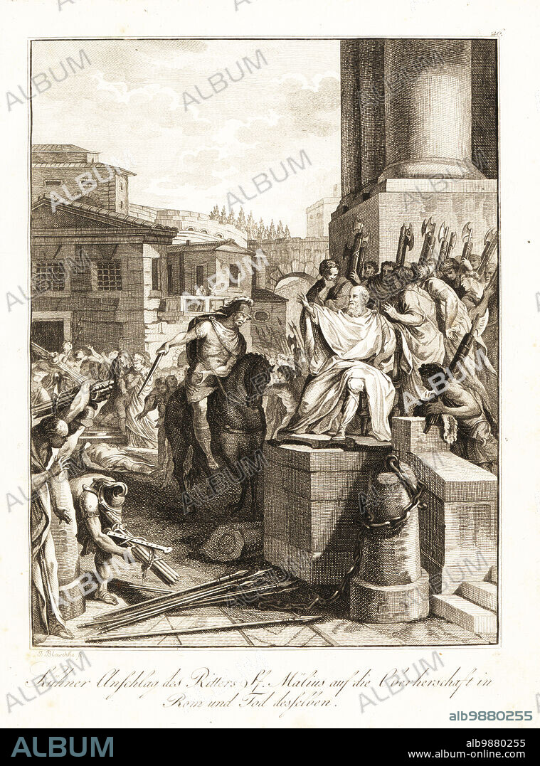 Wealthy Roman plebeian Spurius Maelius slain by Master of the Horse Gaius Servillus Ahala, 439 BC, on charges of intending to make himself king. Mort de Melius. Copperplate engraving by János Blaschke after a design by Gabriel de St. Aubin from Professor Joseph Rudolf Zappes Gemalde aus der romischen Geschichte, Pictures of Roman History, Joseph Schalbacher, Vienna, 1800. German edition of Abbe Claude Francois Xavier Millots Abrege de lHistoire Romaine.
