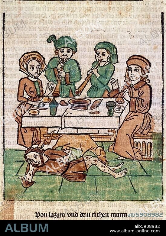 ANONYM. Druckgrafik, Ulm, 1485. Gleichnis vom reichen Mann und dem armen Lazarus (Lukas 16,19-31). Holzschnitt, koloriert, 14,3 × 11,6 cm. Aus: Auslegung des Lebens Jesu Christi, Ulm (Johann Zainer) 1485. Privatsammlung.