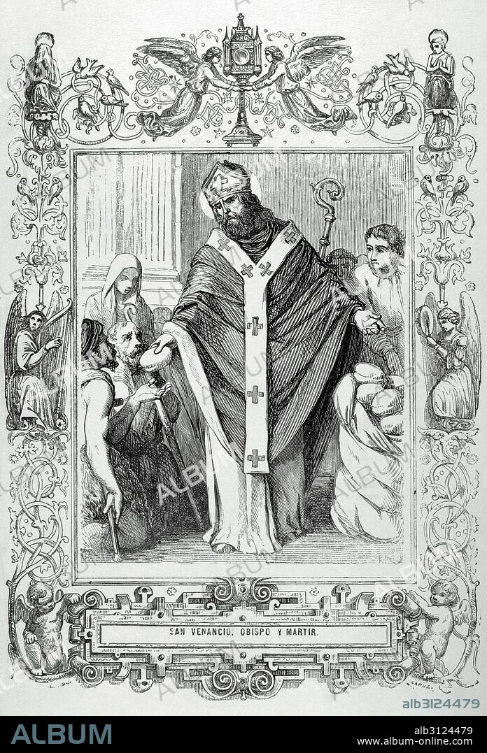 San Venancio (muerto en el 603). Prelado español. Murió martirizado en Panonia. Perteneciente a la orden Benedictina. Abad de monasterio de San Cosme y San Damian en Toledo y obispo de dicha diócesis. Grabado por Rico. Años Cristiano, 1852.