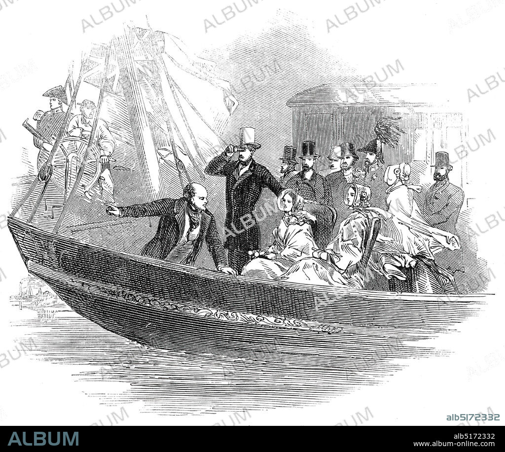 Her Majesty's Steamer, "The Fairy", on the Rhine, 1845. Queen Victoria and Prince Albert on a royal visit to Germany. '...her Majesty and suite on board the Fairy steamer, sketched from an elevated position on shore. The Queen is seated in an arm-chair upon deck, and the King of Prussia [Frederick William IV] is pointing out to her Majesty's notice some of the many remarkable objects upon this right Royal river. To the right of the Queen is Prince Albert; the Sovereign being attended by a single general officer in uniform. The scene conveys a correct idea of the entire absence of state from this portion of the Royal tour, and the jouissance by which it has been characterized'. From "Illustrated London News", 1845, Vol VII.