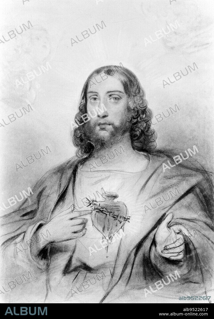 The Sacred Heart of Jesus, Tassaert, Octave Nicolas François (known as Octave), Draughtsman, 19th century, Graphic arts, Drawing, Charcoal, Sanguine, Estompe, Gouache, Paper, Height: 27.8 cm, Width: 19.5 cm.