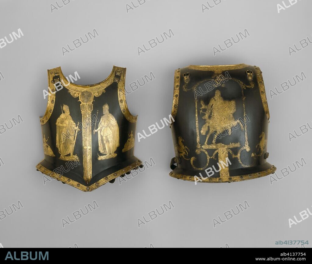 Zischägge (Helmet) and Cuirass of Emperor Ferdinand II. South German. Date: 1610-1630. Dimensions: Helmet H. 41.7 cm (16 3/8 in.) 
Cuirass H. 43.8 cm (17 1/4 in.). Steel, gilding, brass, and leather. Origin: Southern Germany.