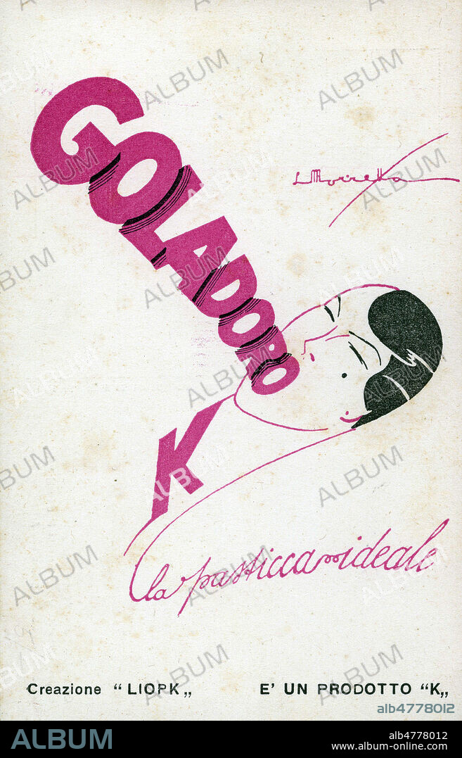 'Goladoro K, la pasticca ideale (la pastille ideale)'. Carte postale publicitaire italienne vers 1925. Illustration anonyme. Credit : collection IM/KHARBINE-TAPABOR.