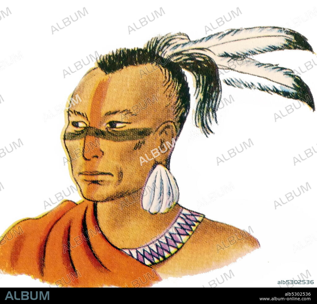 Illustration showing Tisquantum (c. 1585 - 1622), known by the diminutive variant Squanto a member of the Patuxet tribe best known for being an early liaison between the Indian population in Southern New England and the Mayflower Pilgrims who made their settlement at the site of Squanto's former summer village.