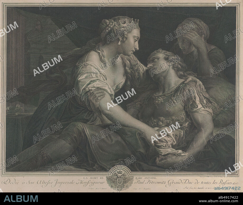 Johann Georg Wille, The Death of Mark Antony with Cleopatra at left, After Pompeo Batoni (Italian, Lucca 17081787 Rome), 1778, Engraving, Plate: 15 × 19 1/8 in. (38.1 × 48.5 cm), Sheet: 15 13/16 × 19 11/16 in. (40.2 × 50 cm), Prints.