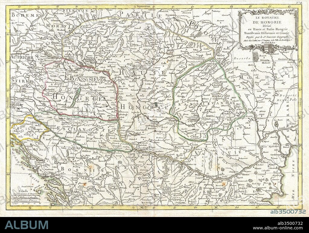 1770, Janvier Map of Hungary, Romania, Transylvania, Moldova, Croatia and Bosnia.
