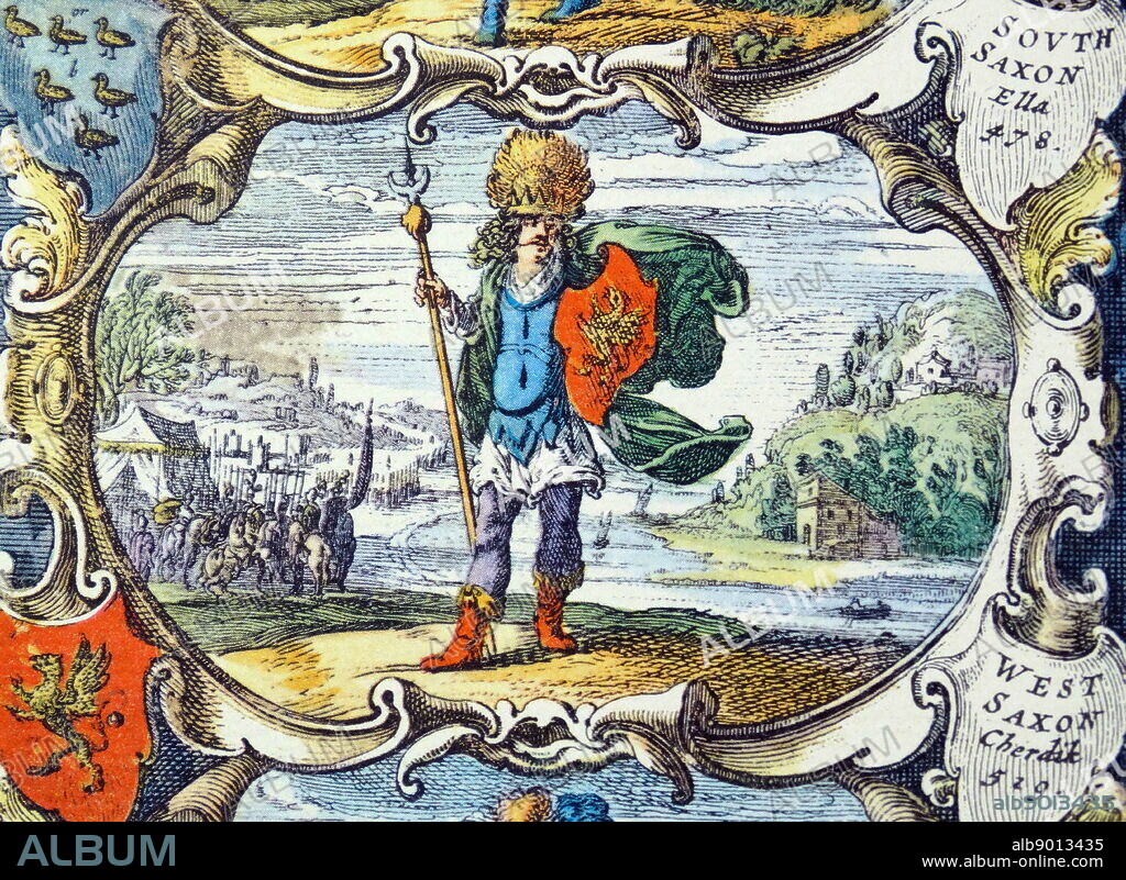 Cerdic was allegedly the first King of Anglo-Saxon Wessex from 519 to 534, cited by the Anglo-Saxon Chronicle as the founder of the Kingdom of Wessex. Detail from an antique map of Britain, by the Dutch cartographer Willem Blaeu in Atlas Novus (Amsterdam 1635).