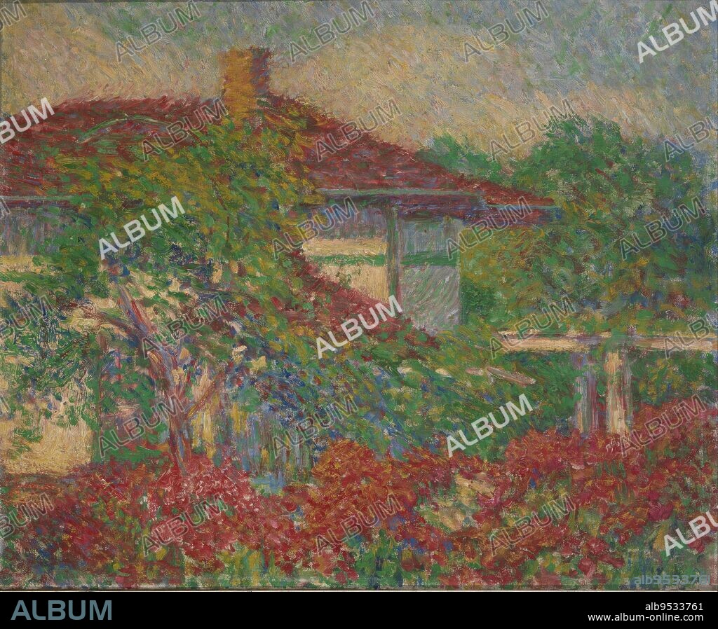 CARL NEWMAN. (Landscape with Red Roof Building). oil on canvas. Date: ca. 1880-1910.