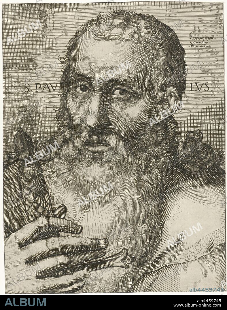 Apostle Paul S. Pavlvs (title on object), The Apostle Paul, busted to the left. He has the handle of a sword in his hand, the apostle Paul of Tarsus, possible attributes: book, scroll, sword, Gerrit Gauw (mentioned on object), Amsterdam, 1604 - 1638, paper, engraving, w 357 mm × h 469 mm.