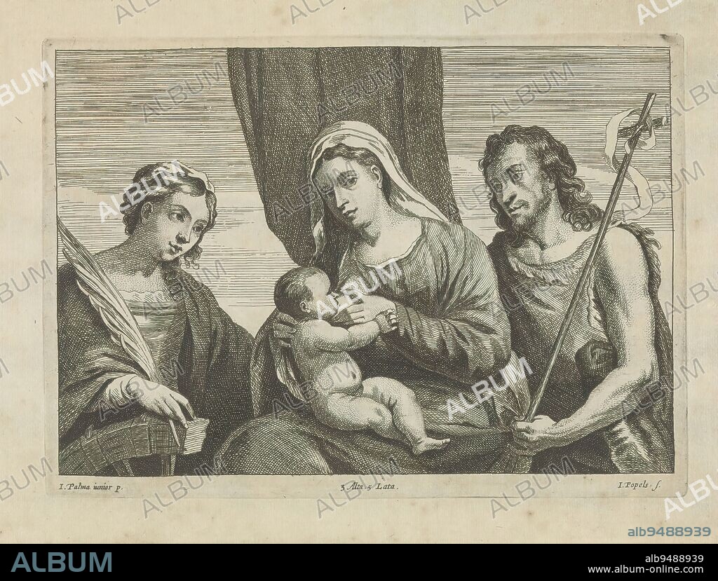 Mary with the Christ Child, Saint Catherine of Alexandria and Saint John the Baptist, Mary suckling the Christ Child (Maria lactans). This print is part of an album., print maker: Johannes Popels, (mentioned on object), after painting by: Jacopo Palma (il Giovane), (rejected attribution), after painting by: Jacopo Palma (il Vecchio), print maker: Antwerp, after painting by: Italy, after painting by: Italy, publisher: Brussels, 1660, paper, etching, height 165 mm × width 232 mm.