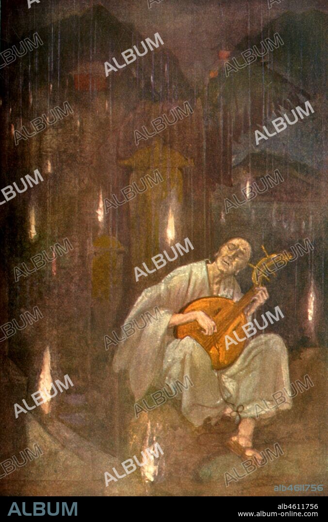 EVELYN PAUL. 'Hoichi-the-Earless', 1912. Hoichi a blind minstrel with a gift for the biwa (lute) is bewitched by ghosts, protected by a priest with kanji characters of the Heart Sutra apart from his ears which are ripped from his head. From "Myths & Legends of Japan", by F. Harland Davis. [George G. Harrap & Company, London, 1912].