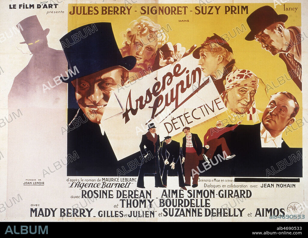 Affiche illustree par LANCY (20 s.) du film ' Arsene LUPIN detective' realise en 1937 par Henri DIAMANT-BERGER (1895-1972) avec Gabriel SIGNORET (1872-1937) et Jules BERRY (1883-1951) d'apres 'l'agence Barnett' de Maurice LEBLANC (1864-1941). Credit: Coll. Perron/KHARBINE-TAPABOR.