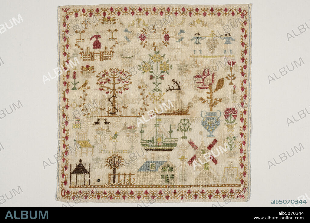 sampler, Anonymous, 1771, linen, silk, cross-stitch, General: 38 x 37cm 380 x 370mm, flower, deer, boat, biblical representation, tree, farm, sampler on loosely woven linen embroidered with silk thread in various colors. The sampler is full of classic figures such as the tree of life with snake, a lying deer, a boat, two men with a bunch of grapes, and in the bottom edge a hay barn, a farm and a mill. On all sides a branch with acorns in brown and red. At the top center a wreath of flowers flanked by two angels with the initials AEH and ANNO 1771 14 IA below. Furthermore, between the figures various letters: IK AD CM EV MM MS SM WB GH EFI BI CD, partly with a crown above it. To the left and right a selvedge with a blue line, hemmed below and above, Datum1881.
