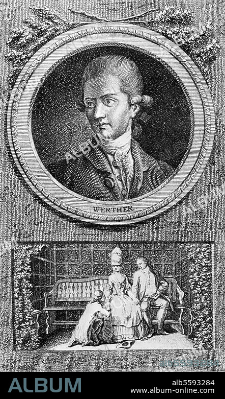 Goethe, Johann Wolfgang von. 1749-1832. Werke: Die Leiden des jungen Werthers. (1774). "Porträt Werthers / Werther vor Lotte". Kupferstich von Daniel Chodowiecki in der Ausgabe Berlin (Himburg), 1775.