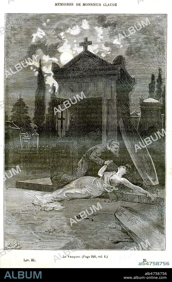 Le sergent Francois BERTRAND (1823-1878) s'introduit la nuit dans les cimetières parisiens. Il y déterre les cadavres de jeunes filles récemment inhumées, les mutile à coups de sabre, les viole ou se masturbe sur leur corps. Mémoires de Monsieur Claude, chef de la police de sureté sous le Second Empire - Jules Rouff, 1884 - gravure sur bois p. 241 - Credit COllection J. VIGNE / KHARBINE TAPABOR.