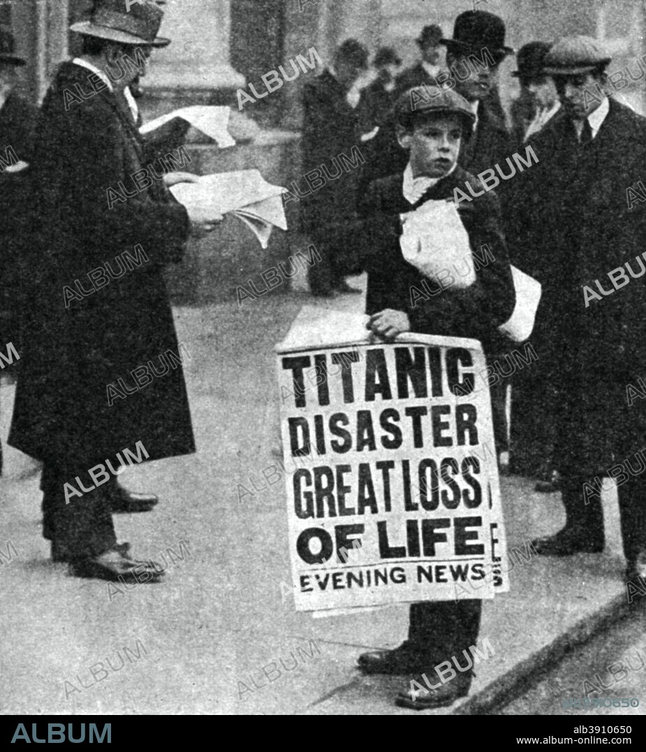 Newspaper boy with news of the Titanic disaster, 14 April 1912. Evening News headlines: Titanic Disaster -  Great Loss of Life. Operated by the White Star Line, RMS Titanic struck an iceberg in thick fog off Newfoundland on 14 April 1912. She was the largest and most luxurious ocean liner of her time, and thought to be unsinkable. In the collision five of her watertight compartments were compromised and she sank. Out of the 2228 people on board, only 705 survived. A major cause of the loss of life was the insufficient number of lifeboats she carried.