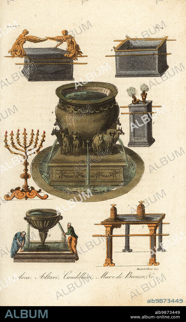 The ark of the covenant, altars, fountains, menorah candlesticks, etc. of the ancient Hebrews. Arca, altari, candellieri, mare di bronzo, &c. Handcoloured copperplate engraving by Bennardoni from Giulio Ferrarios Costumes Ancient and Modern of the Peoples of the World, Il Costume Antico e Moderno, Florence, 1847.