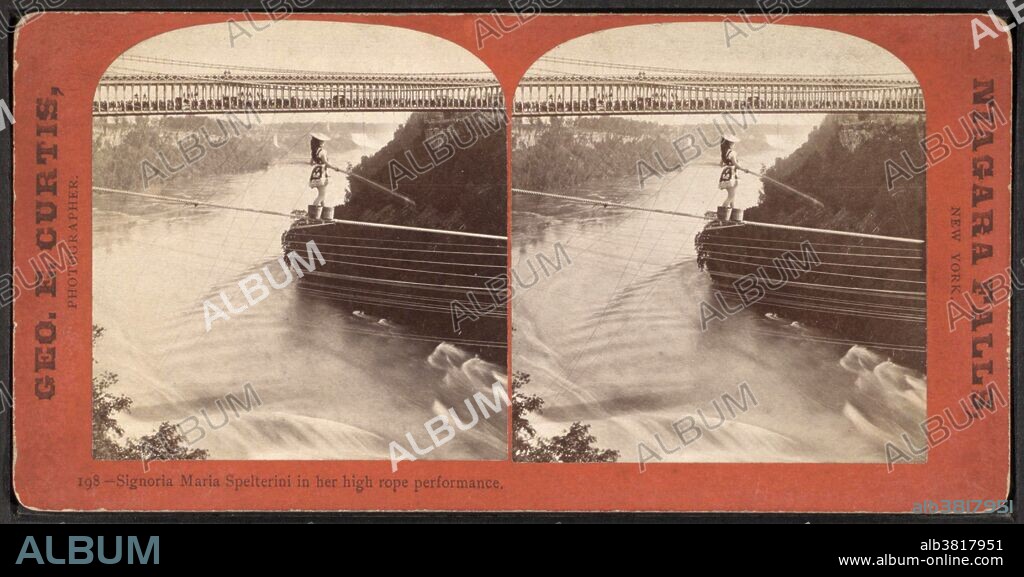 Stereoscopic image of Maria Spelterini (1853-1912), an Italian tightrope walker who was the first and only woman to cross the Niagara gorge on a tightrope, which she did on July 8, 1876 as part of a celebration of the U.S. Centennial. She used two and a quarter inch wire and crossed just north of the lower suspension bridge. She crossed again on July 12, 1876, this time walking backwards with a paper bag over her head and wearing peach baskets strapped to her feet. She crossed blindfolded on July 19, and on July 22 she crossed with her ankles and wrists manacled. Photographed by George Curtis.