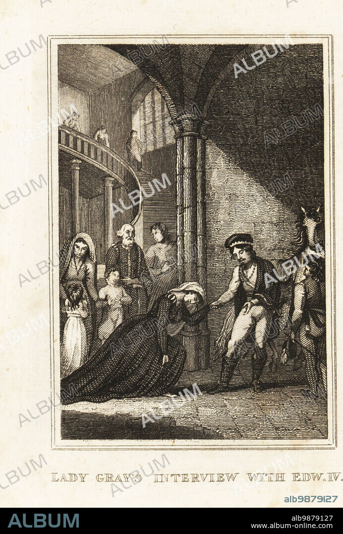 Elizabeth Grey imploring King Edward IV of England for the restitution of her deceased husband John Grey's lands. Her two sons stand behind her before a castle staircase. Lady Gray's interview with Edward IV. Copperplate engraving from M. A. Jones History of England from Julius Caesar to George IV, G. Virtue, 26 Ivy Lane, London, 1836.