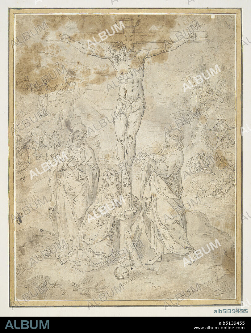 Artist: Hendrick de Clerck, Flemish, ca. 15701630, Christ on the Cross between the Virgin and St. John with Scenes of the Passion in the Background, Pen and brown ink and gray wash over preliminary drawing in pencil, Sheet: 25.8 × 19.8 cm (10 3/16 × 7 13/16in.), Made in Flanders, Flemish, 17th century, Works on Paper - Drawings and Watercolors.