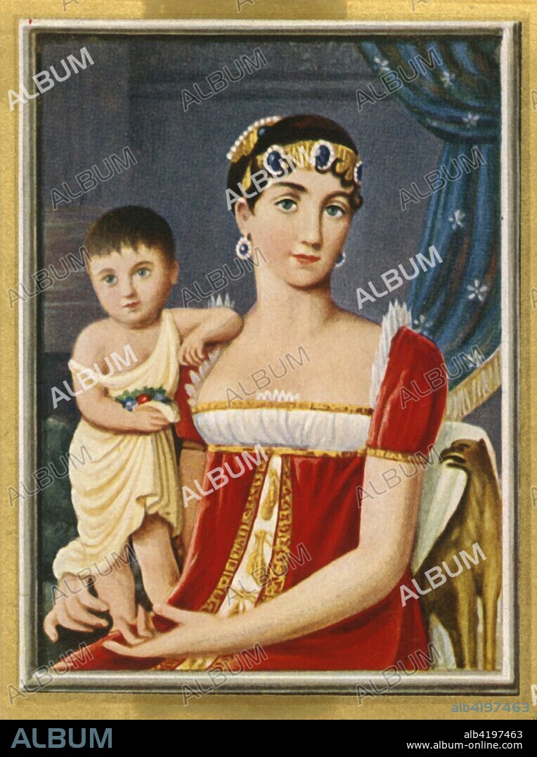 'Auguste Amalie de Beauharnais', (1933). Portrait of Princess Augusta of Bavaria, Duchess of Leuchtenberg (1788-1851) with her daughter Josephine of Leuchtenberg (1807-1876). Augusta married Eugène de Beauharnais, only son of Empress Josephine (de Beauharnais) of France. Augusta's daughter Josephine became Queen consort of Sweden and Norway as the wife of King Oscar I. After a miniature of 1809 by Giovanni Battista Gigola. From "Gestalten Der Weltgeschichte", a book of cigarette-card portrait miniatures of figures in world history from the last four hundred years. [Germany, 1933].