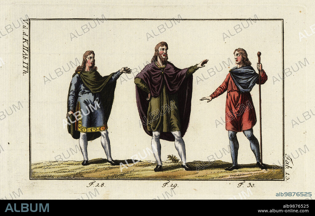 Anglo Saxon men wearing mantles over tunic and stockings. Various ways of wearing a mantle fastened at the shoulder 28, or throat 29, and a youth wearing a short mantle over tunica 30. Handcolored copperplate engraving from Robert von Spalart's Historical Picture of the Costumes of the Principal People of Antiquity and Middle Ages, Vienna, 1796.
