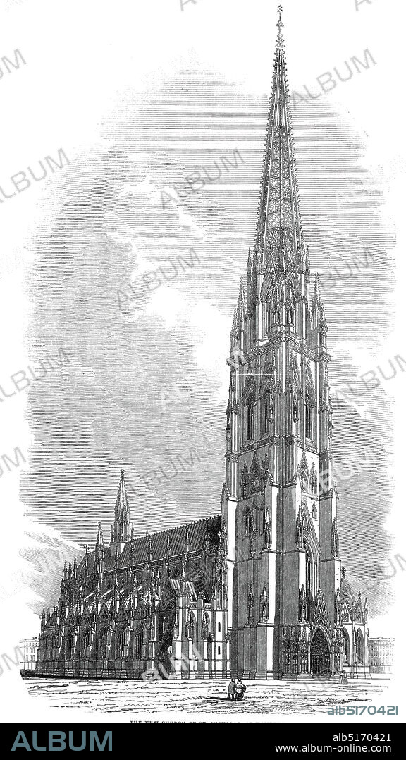 The new Church of St. Nicholas at Hamburg, 1845. View of a neo-Gothic church in Germany. '...at the base of the tower, we are struck with the deeply recessed porch and its sculptural enrichments; thence the eye rises to the magnificent western window of the belfry and its profusely embellished angles; the enriched canopies at the spring of the spire; its bristling finials, its crocketed ribs, perforation, and tracery, carry the admiration of the beholder to the extreme point. Returning to the main body of the edifice, what an assemblage of enrichment bursts upon the eye in the gables, buttresses, pierced parapets, pinnacles, crosses, and finials; whilst the elegant lantern surmounting the choir roof adds grace to the effect of the entire design'. From "Illustrated London News", 1845, Vol VII.