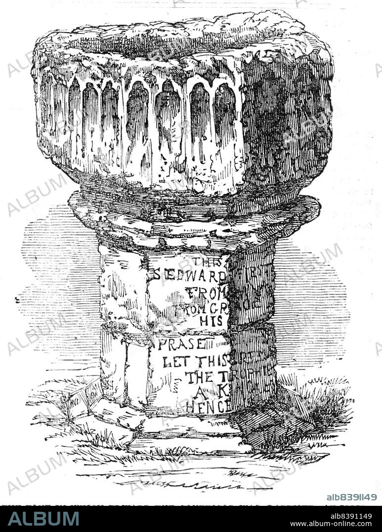 The Font in which Edward the Confessor was baptised, at Islip, 1854. 'The interior is circular, whereas the external shape is octagonal, with specimens of sculpture on each side in style differing one from the other...this piece of sculptured stone [was] the receptacle of the holy fluid used at the baptism of the Confessor 850 years ago'. The font was removed from the Royal Chapel at Islip '...about five miles from Oxford...' and changed hands multiple times. 'Hearne has recorded "that an old lady kept meat to cram her turkeys in this font, but that the turkeys all died"'. From "Illustrated London News", 1854.